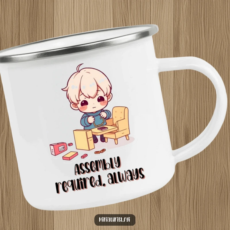 Funny camping mug depicting a tiny character enthusiastically assembling miniature furniture, perfect for outdoor humor and hydration.