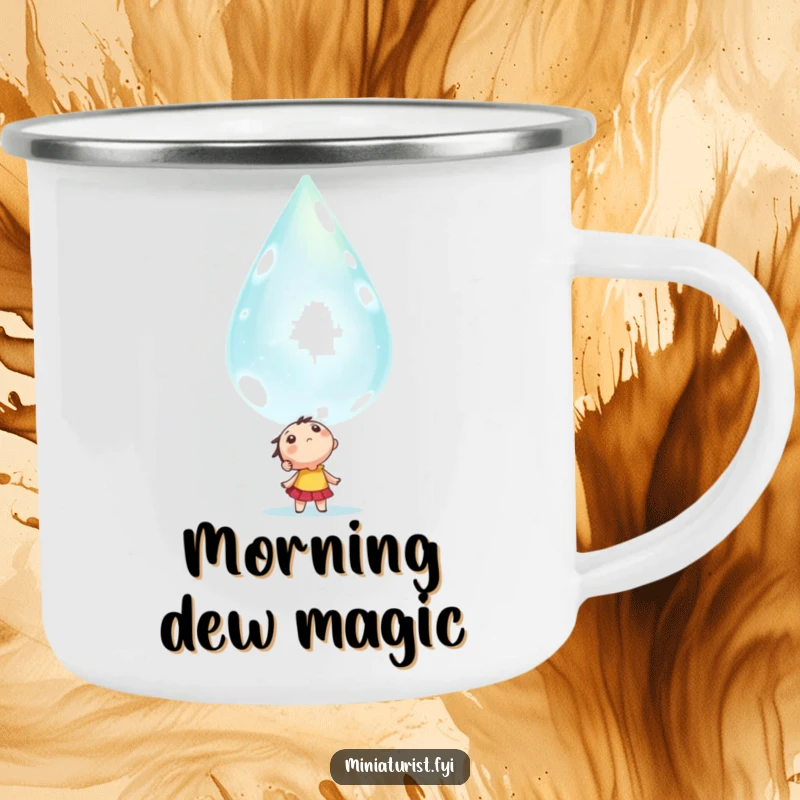Funny tiny character looking up in awe at a colossal, sparkling dewdrop, illustrated on a durable camping mug.