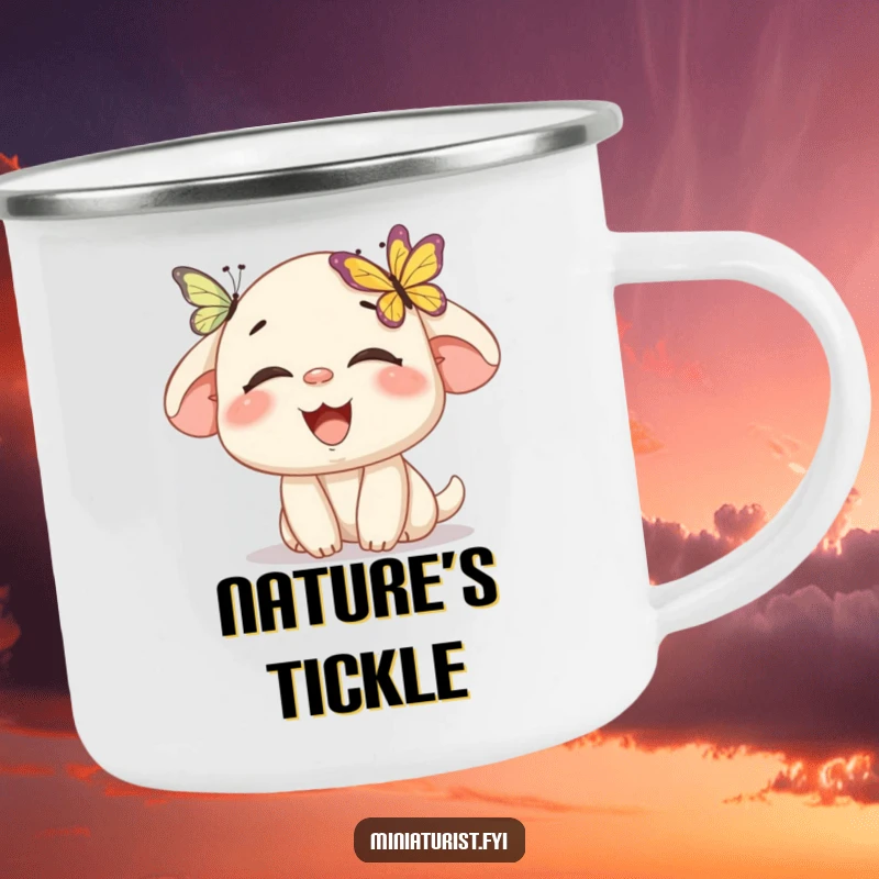 Funny camping mug with a miniature character laughing as a butterfly lands on its nose, ideal for humorous outdoor enjoyment.