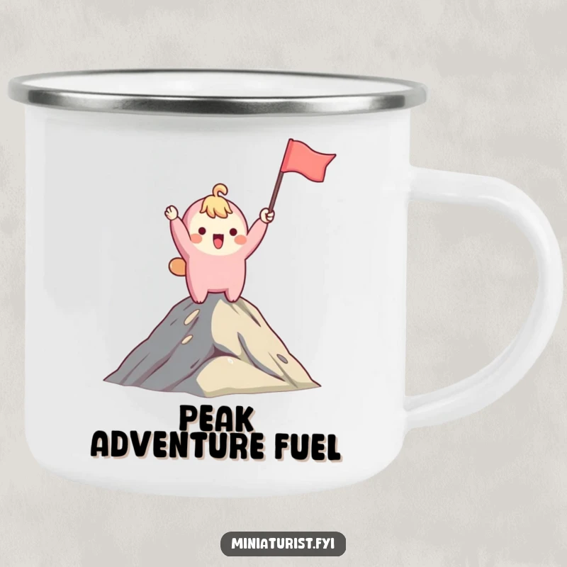 Funny camping mug with a cute character waving a tiny flag on a mountain peak, ideal for humorous outdoor adventures and travel.