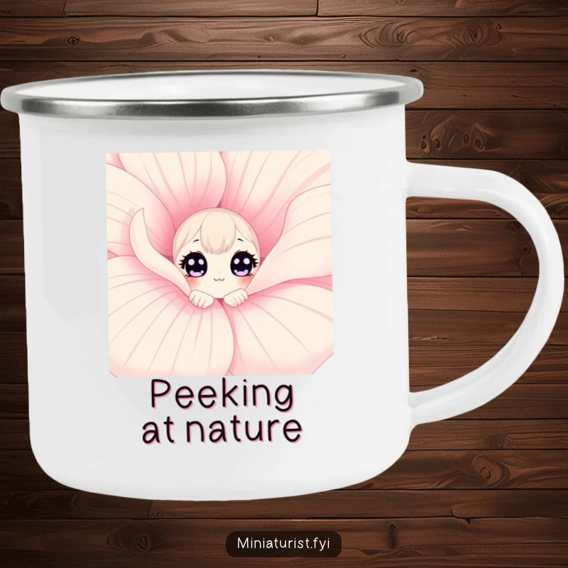 Funny curious flower camping mug showing a character peeking from a large flower petal, ready for whimsical outdoor exploration.