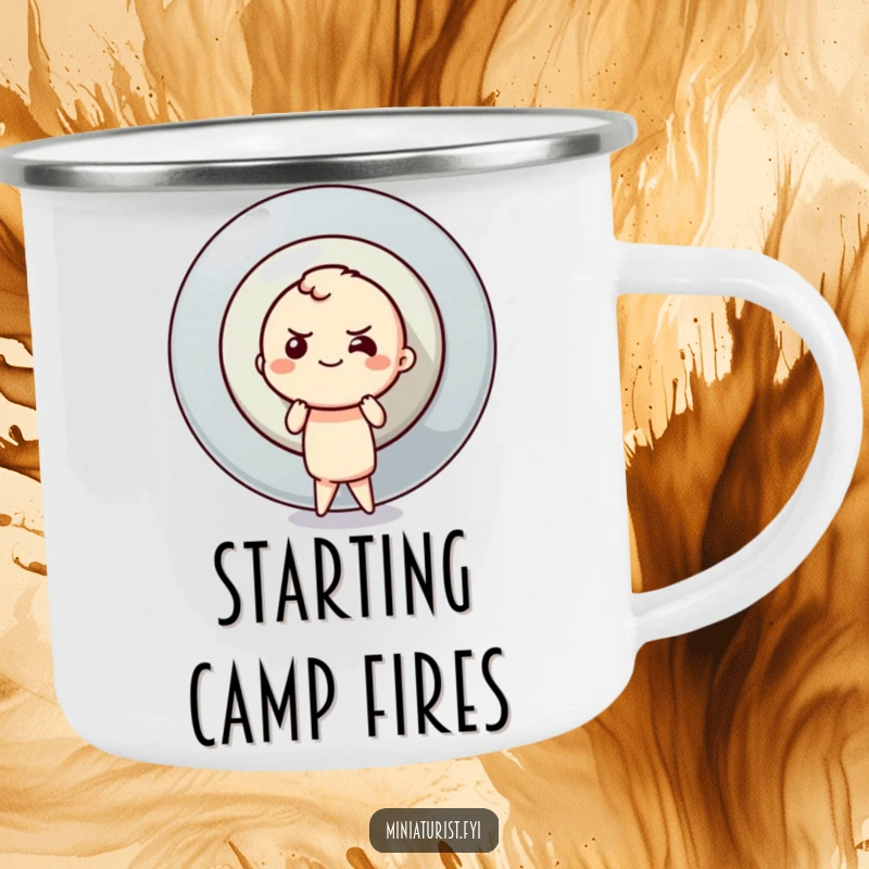 Funny button pusher camping mug showing a determined character pushing a colossal button, ready for epic outdoor efforts.