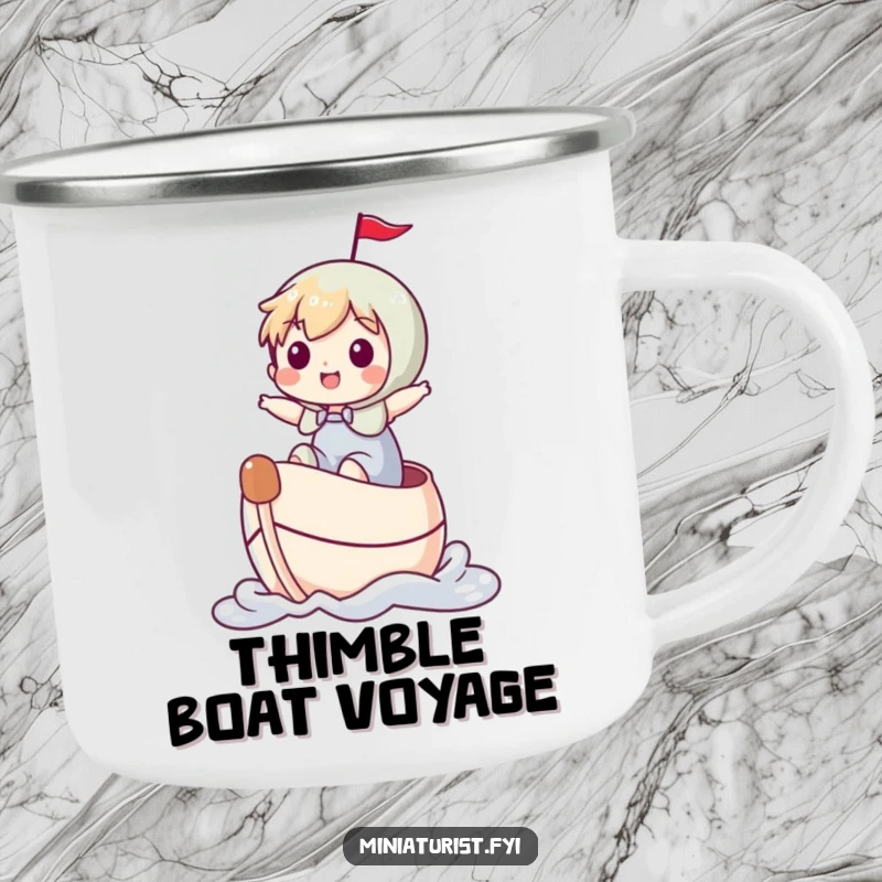 Funny miniature character joyfully riding a thimble like a boat on a durable camping mug, for whimsical outdoor moments.