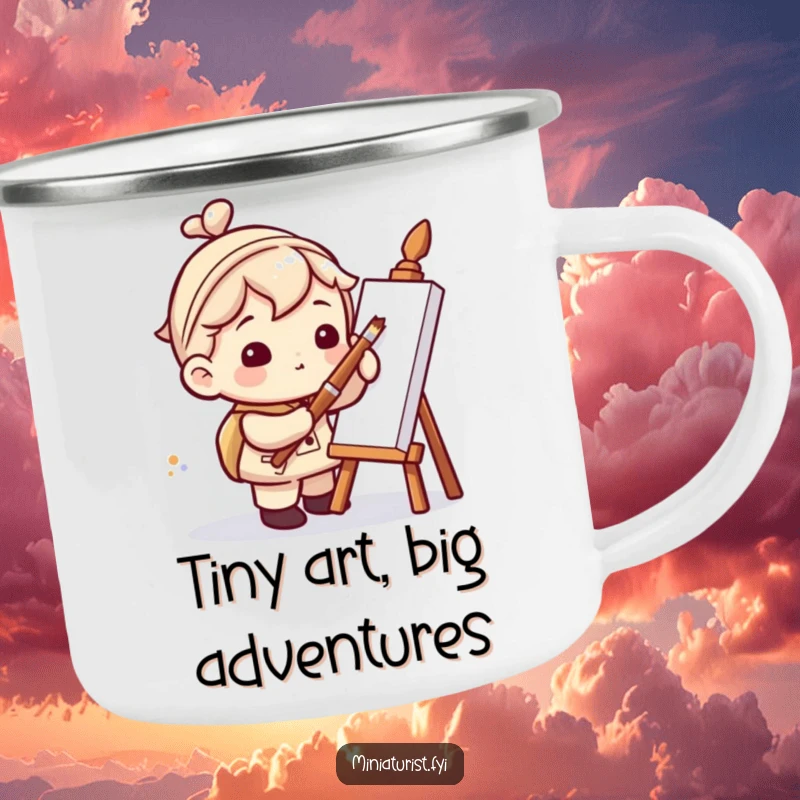 Funny camping mug with a miniaturist character humorously painting a tiny dot using a colossal paintbrush, perfect for outdoor lovers.