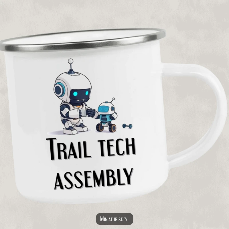 Funny Camping Mug: A tiny robot excitedly assembles an even tinier robot, perfect for tech-savvy adventurers.