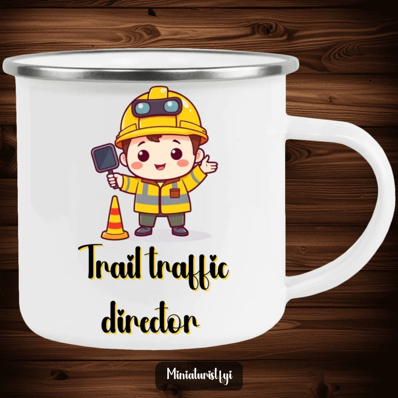 Funny camping mug showing a tiny character in a construction hat directing miniature traffic, perfect for organized outdoor enthusiasts.