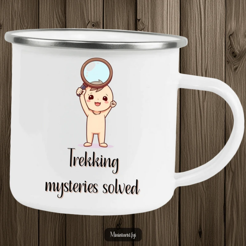 Funny Investigator Camping Mug: Tiny triumphant figure holding a comically large magnifying glass, ideal for outdoor exploration.