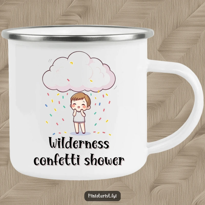 Funny Camping Mug: A miniature character is showered with confetti from a tiny raincloud during an outdoor adventure.