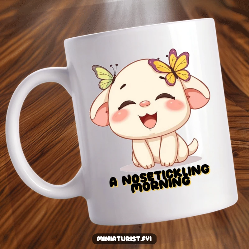 Funny mug with a miniature character laughing joyfully as a tiny butterfly lands on its nose, capturing pure, humorous delight.