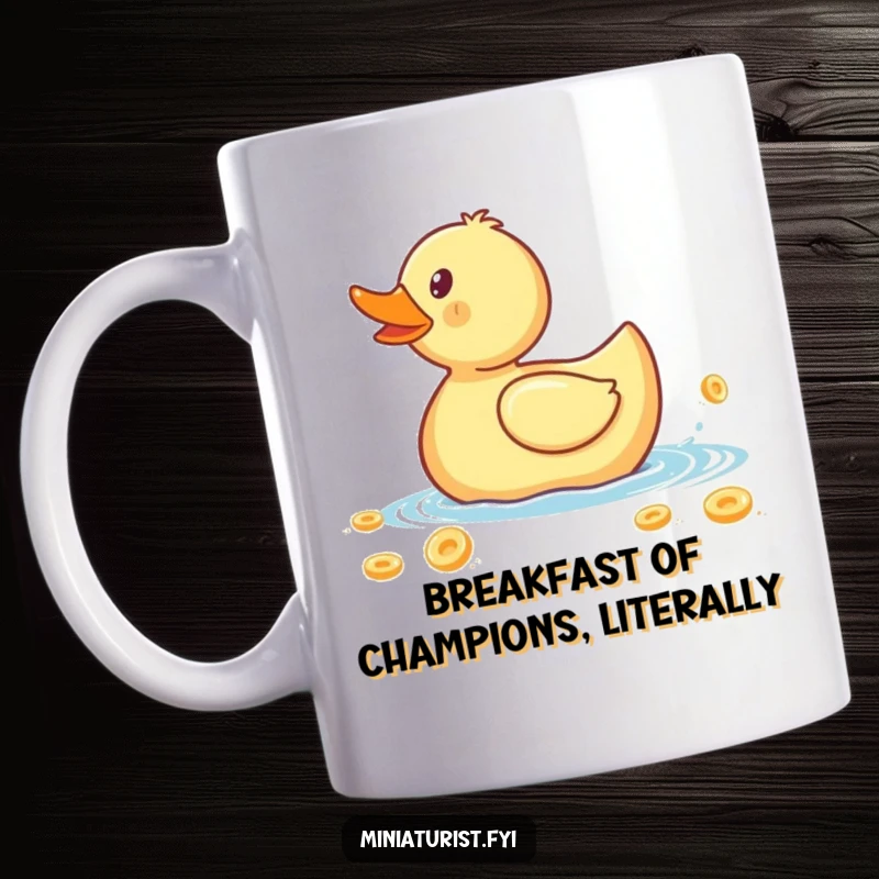 Funny mug with a tiny rubber ducky paddling a giant cereal flake with frantic determination, showcasing morning absurdity.