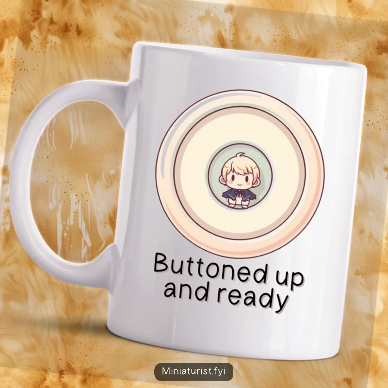 Funny mug featuring a miniaturist character peeking comically from inside a huge, upside-down button, adding a touch of whimsy.