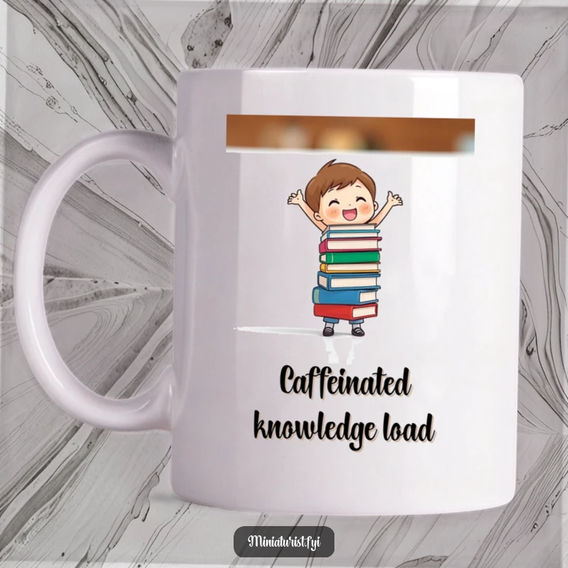 Funny mug showing a tiny figure joyfully balancing a tall stack of miniature books, representing intellectual achievement and delight.