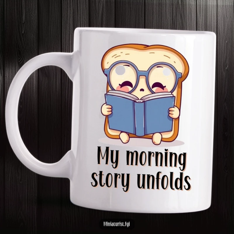 Funny miniature toast character wearing oversized spectacles, engrossed in reading a huge book, symbolizing intelligence and humor on a mug.