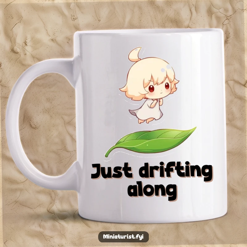 Funny mug depicting a tiny character blissfully drifting on a leaf, carried by a gentle breeze, conveying peaceful, humorous travel.