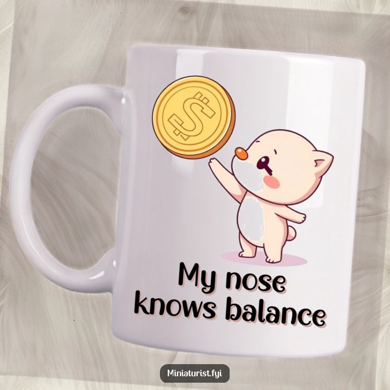 Funny mug showing a small character struggling to balance a huge coin on its nose, conveying comical determination and playful chaos.