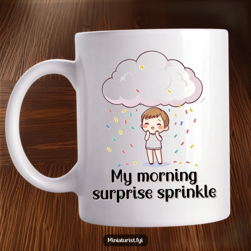 Funny Mug: Tiny character looking surprised and happy under a miniature raincloud showering colorful confetti.
