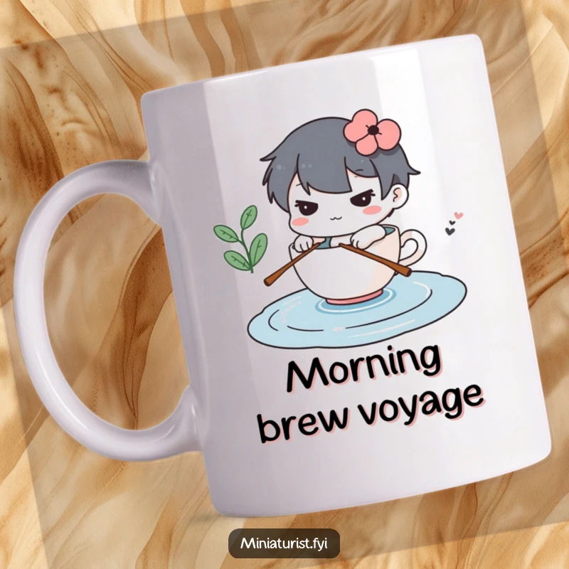 Funny mug showing a determined miniature character rowing a teacup across a puddle, an inspiring and humorous gift.