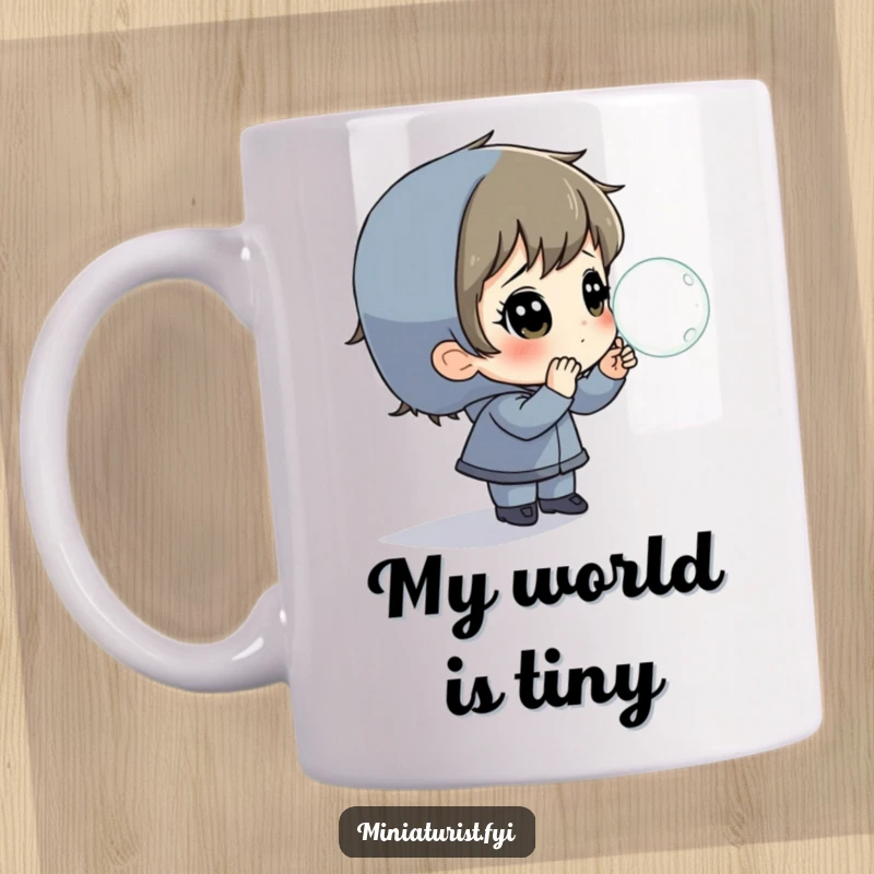 Funny Mug featuring a tiny person marveling at a giant dewdrop, showcasing a sense of awe and wonder.