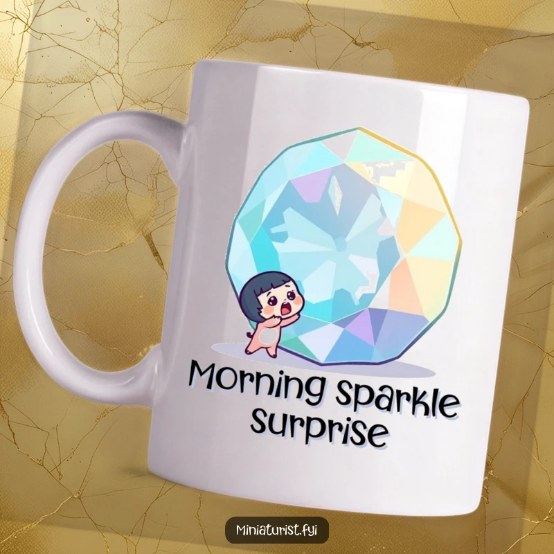 Funny tiny character with a surprised gasp, discovering a colossal, sparkling gemstone, bringing wonder to this ceramic coffee mug.