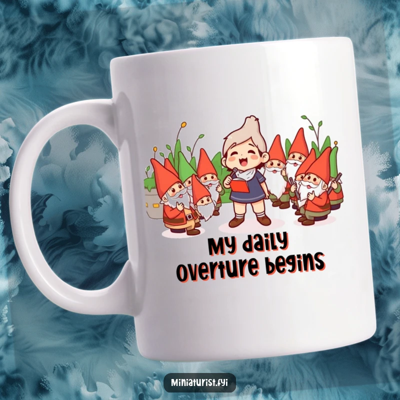 Funny Mug: Miniature conductor energetically leading a symphony of garden gnomes with a tiny baton.