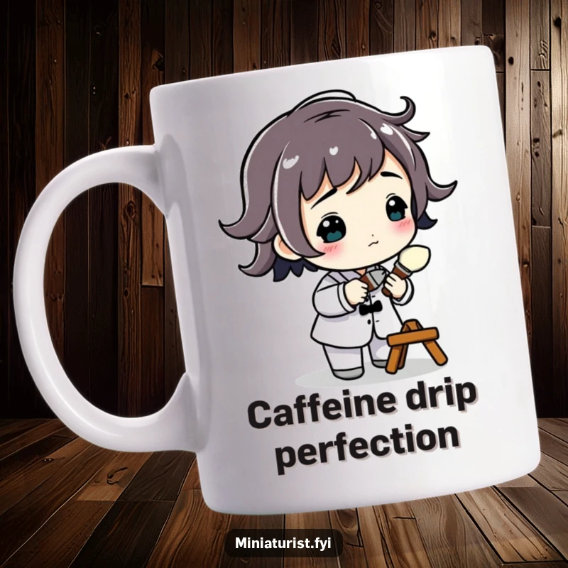 Funny Miniature Artist Mug showing a small figure with a minuscule paintbrush, preparing to add a tiny detail, a humorous ode to artistry.