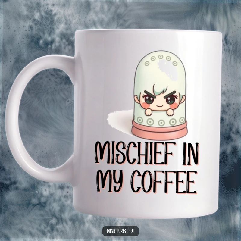Funny miniature figure with a mischievous look, hiding behind a colossal thimble on a mug, adding playful humor.