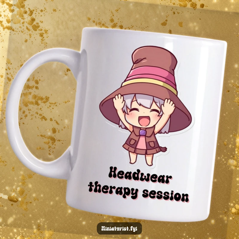 Funny mug showing a tiny character enthusiastically wearing a comically oversized hat, full of excitement and fashion ambition.