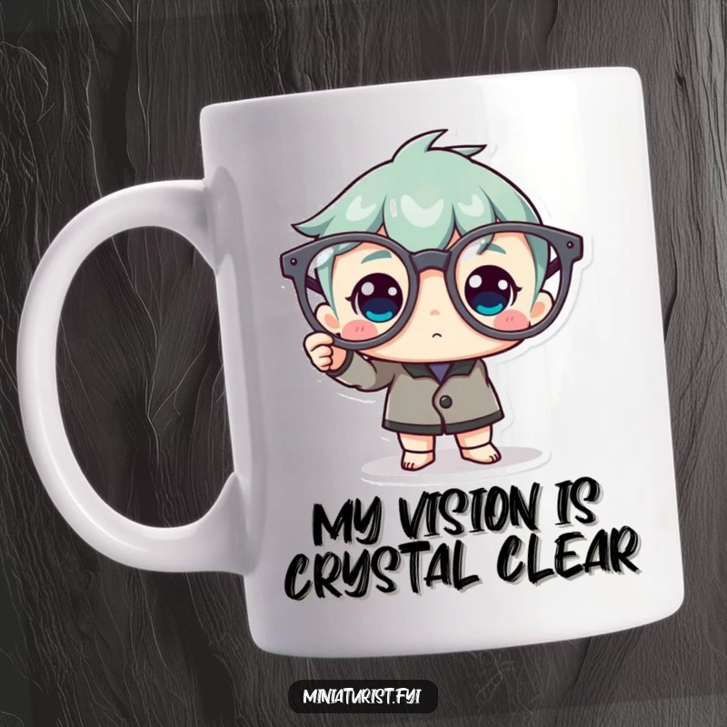 Funny Mug: A miniature character proudly shines a ridiculously oversized pair of spectacles with a cloth.