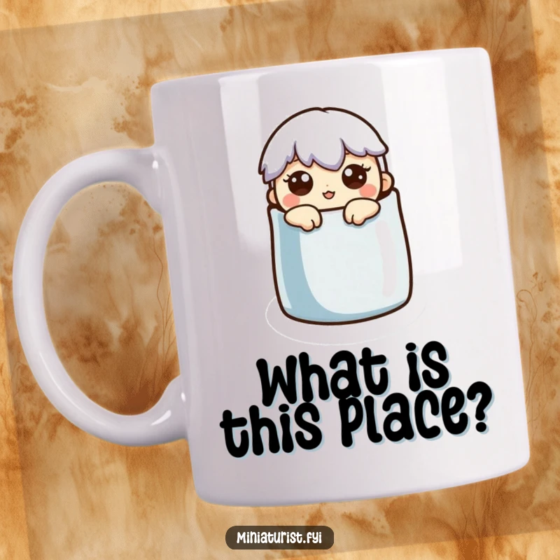 Funny Mug: A miniature character peeks with wide eyes from inside a thimble, expressing comical surprise.