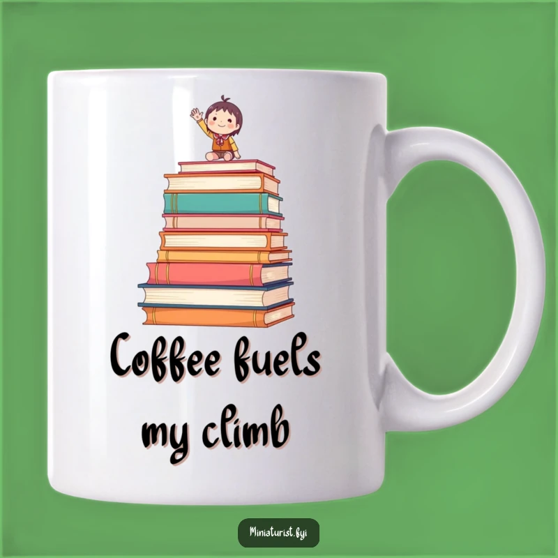 Funny Waving Tiny Figure Mug atop Books Gift for Readers
