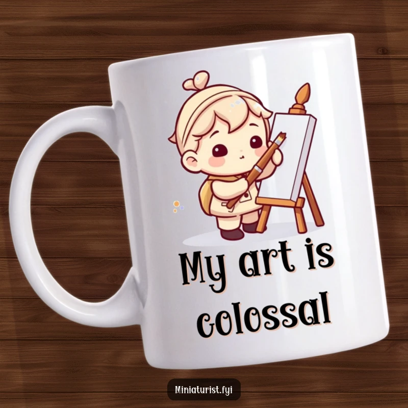 Funny mug showcasing a miniaturist character hilariously wielding an oversized paintbrush to create a minuscule dot of art, perfect for artists.