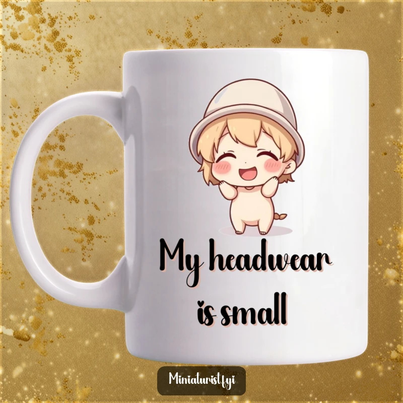 Funny tiny character giggling while attempting to wear a thimble as a hat, bringing joy to this ceramic coffee mug.