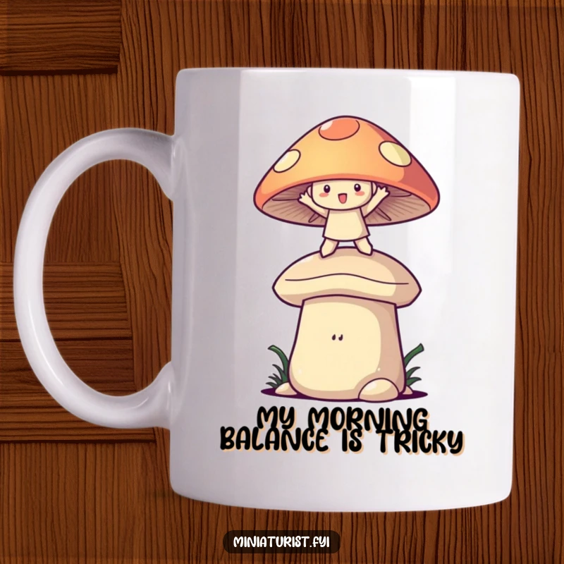 Funny mug with a small character balancing playfully on a giant mushroom cap, arms outstretched in whimsical delight.