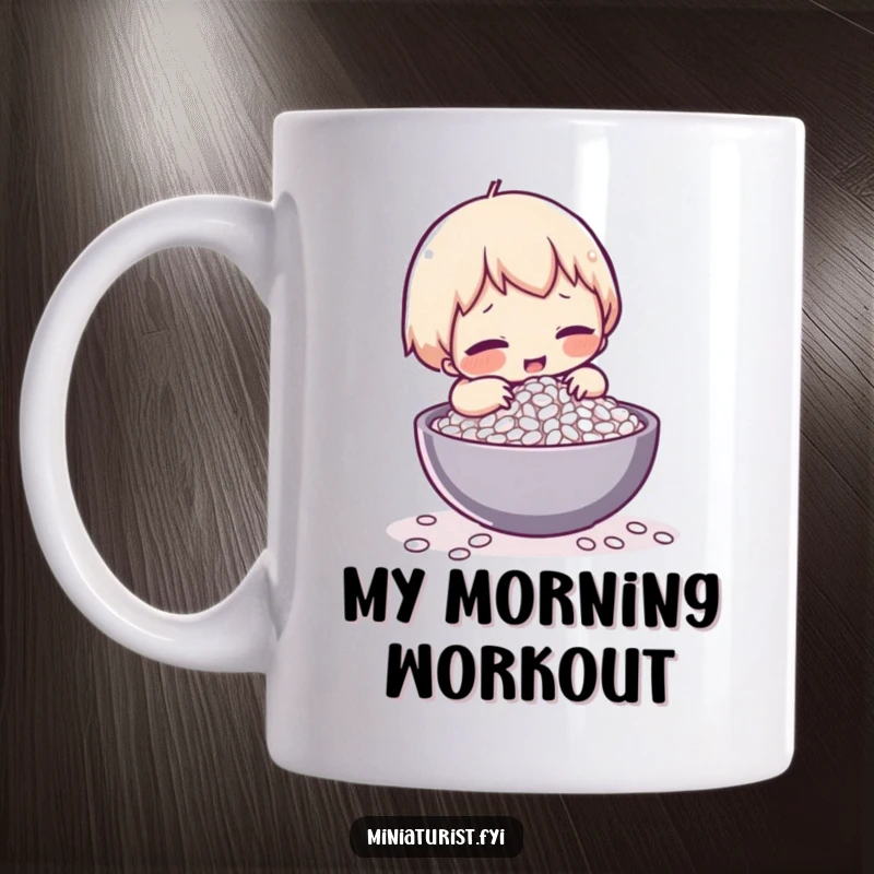 Funny mug with a tiny character comically straining to lift a single grain of rice, illustrating immense effort for a small gain.