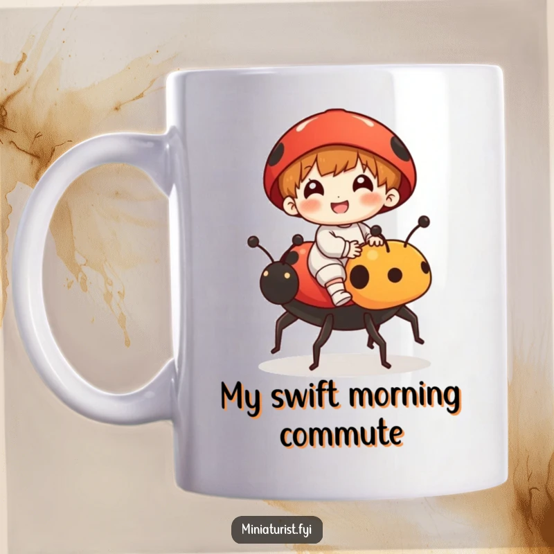 Funny mug showcasing a small figure gleefully riding a ladybug, a miniature steed, with a joyful expression and adventurous vibe.