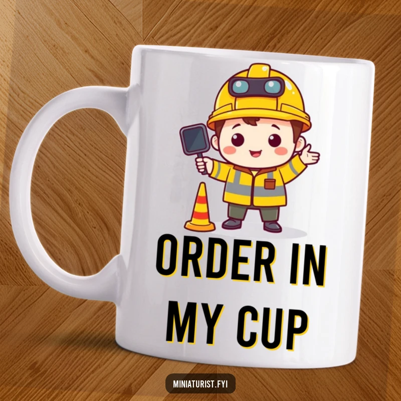 Funny mug showing a tiny character in a construction hat directing miniature traffic, conveying authority and playful control.