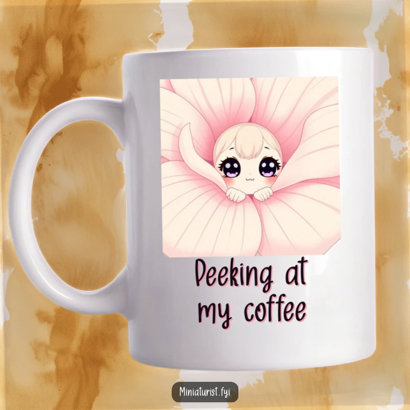 Funny mug showing a small character with wide, curious eyes peeking from behind a colossal flower petal, embodying wonder.