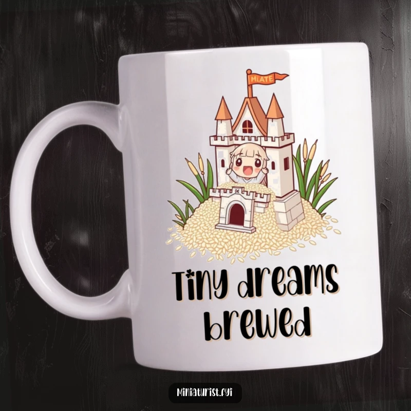Funny, minuscule character intently building a towering castle from individual grains of rice on a coffee mug, showing great focus.