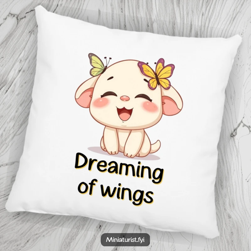 Funny pillow with a miniature character laughing as a butterfly lands on its nose, offering comfort and humorous decor.
