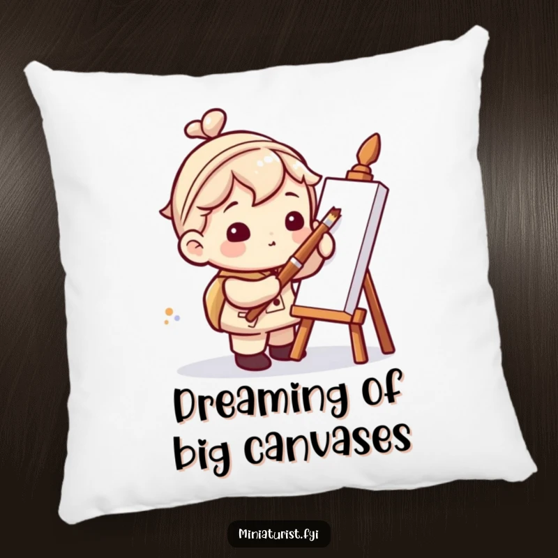 Funny pillow with a miniaturist character using a comically huge paintbrush to create a tiny dot, adding humor to any room.