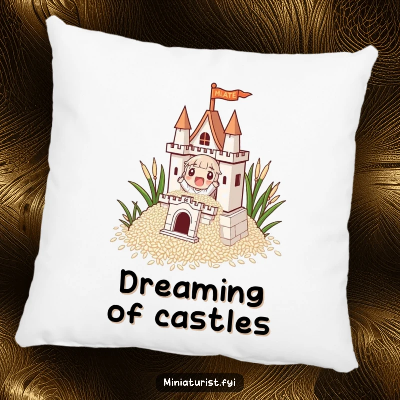 Soft funny macaron character diligently building a castle from rice grains on a plush pillow, embodying focused effort and comfort.