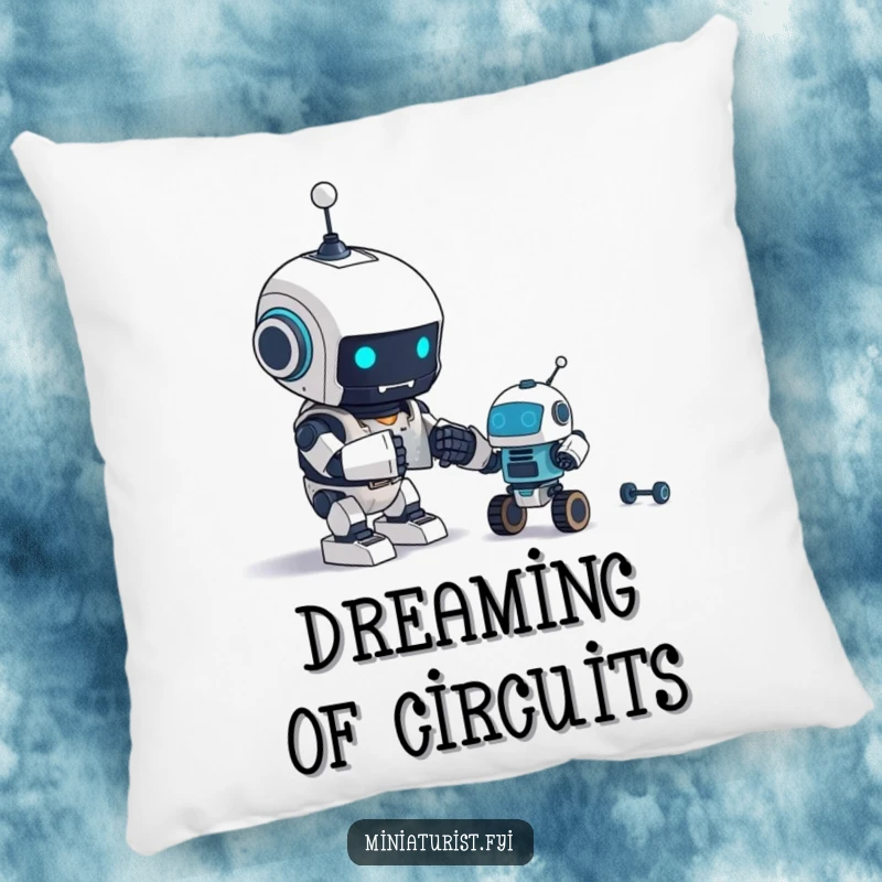 Funny Pillow: A tiny robot excitedly assembles a smaller robot, bringing mechanical charm to any cushion.