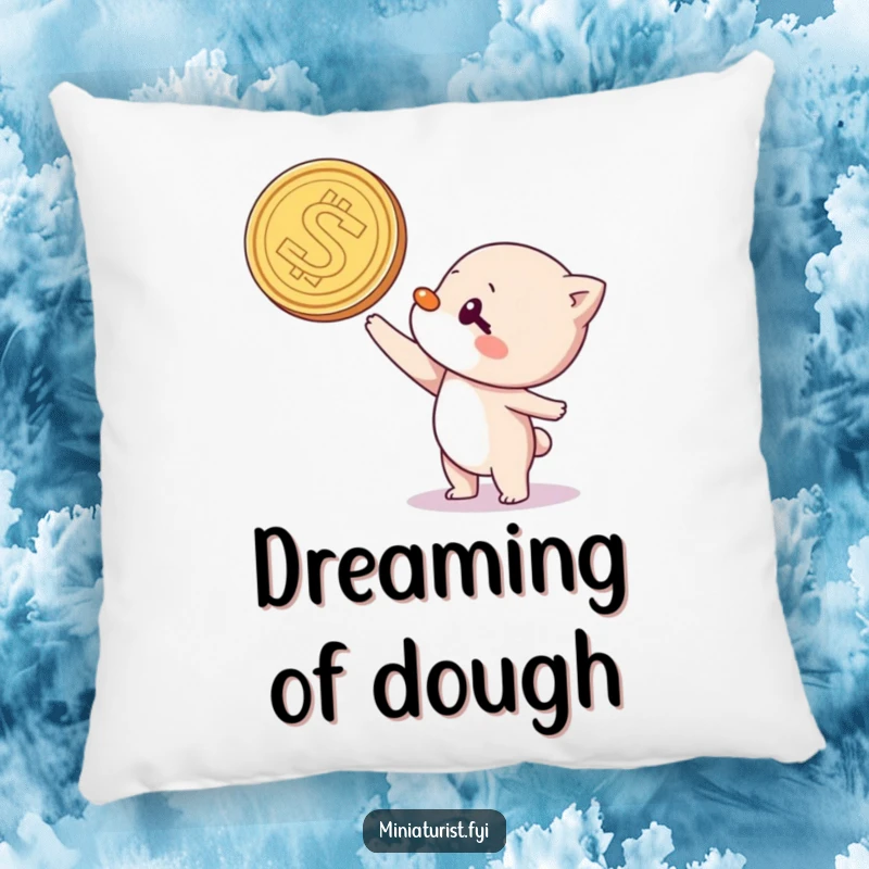 Funny pillow with a little character hilariously trying to balance a large coin on its nose, offering comfort and a smile.