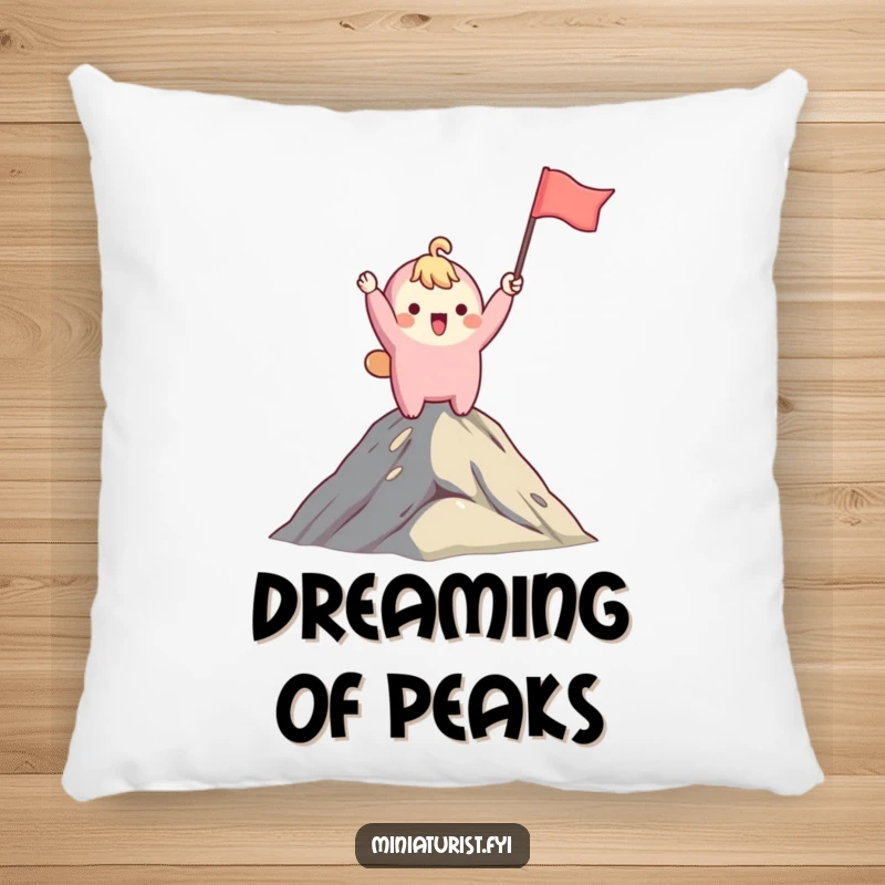 Funny pillow with a cute character waving a small flag on a mountaintop, providing comfort and humorous decor for any space.