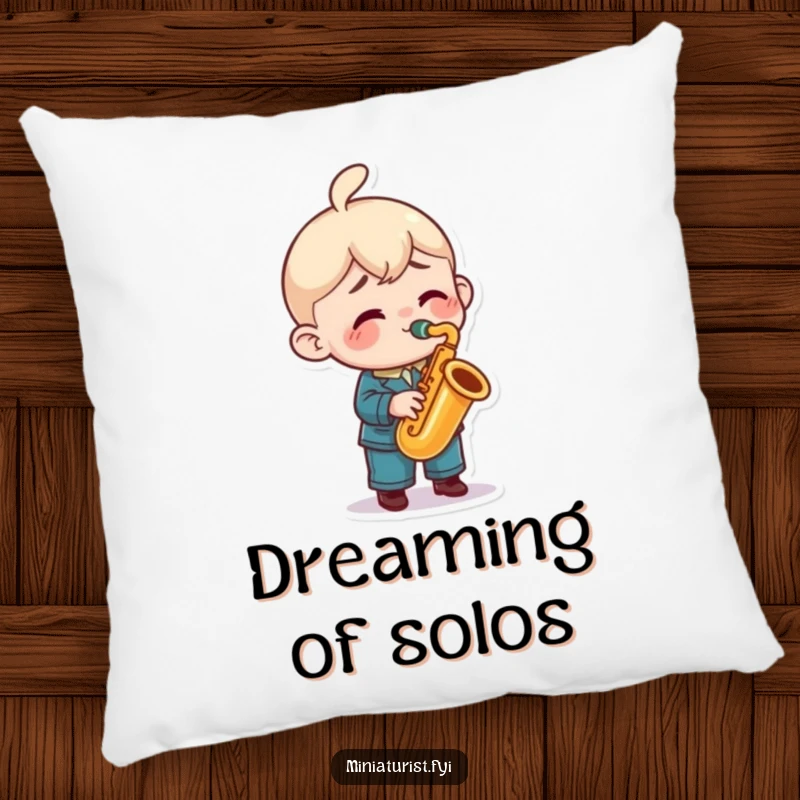 Funny saxophone pillow featuring a miniature character playing a tiny sax with enthusiasm, offering comfort and a touch of musical humor.