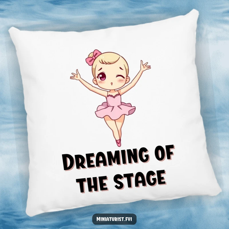 Funny miniature macaron pillow featuring a tiny character in an exaggerated ballet pose, soft and fun.