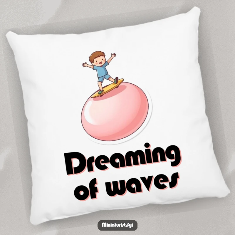 Funny miniature person enthusiastically surfing on a ridiculously large, upturned button, decorating a soft and comfortable throw pillow.