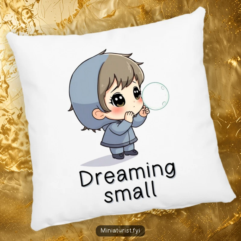 Funny Pillow with a tiny person observing a huge dewdrop, adding a touch of magic to any cozy corner.