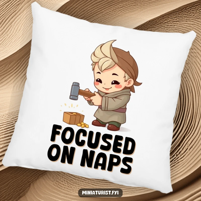 Funny Artisan Hammer Pillow, soft cushion featuring a tiny artisan hammering intensely with a miniature hammer and a smile.