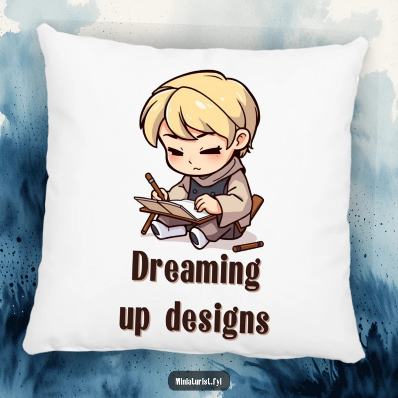 Funny Artisan Sketcher Pillow showing a small figure sketching on a tiny notepad with determination, providing comfort and humor.